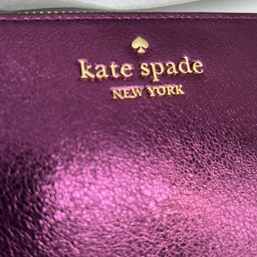 Kate Spade Lucy Metallic Medium L-zip Wristlet Dark Raspberry, back slip pocket - Picture 5 of 6